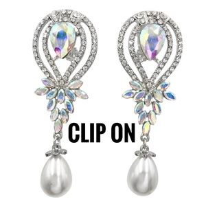 Clip On Long AB Iridescent & Clear Rhinestone Pearl Drop Formal Fancy Earrings